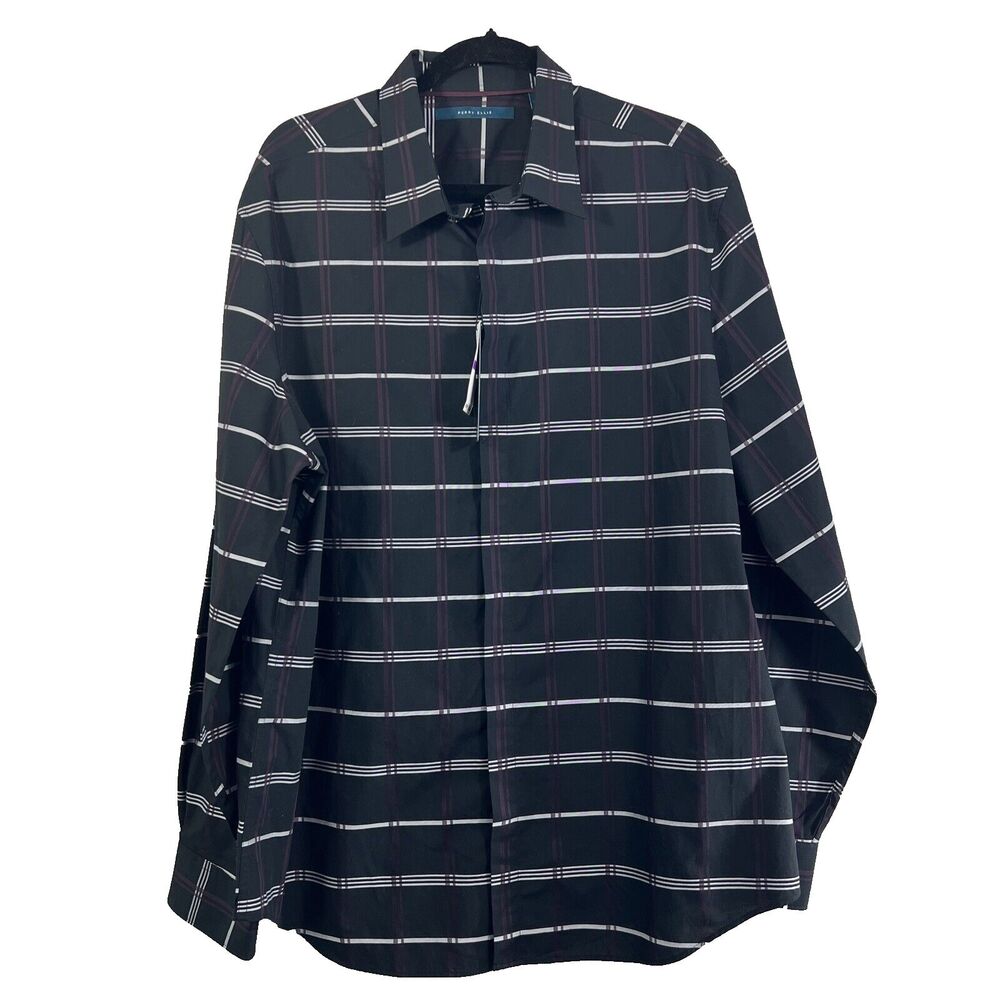Perry Ellis Shirt Men's Large Button Up Black Striped Long Sleeve Size XXL